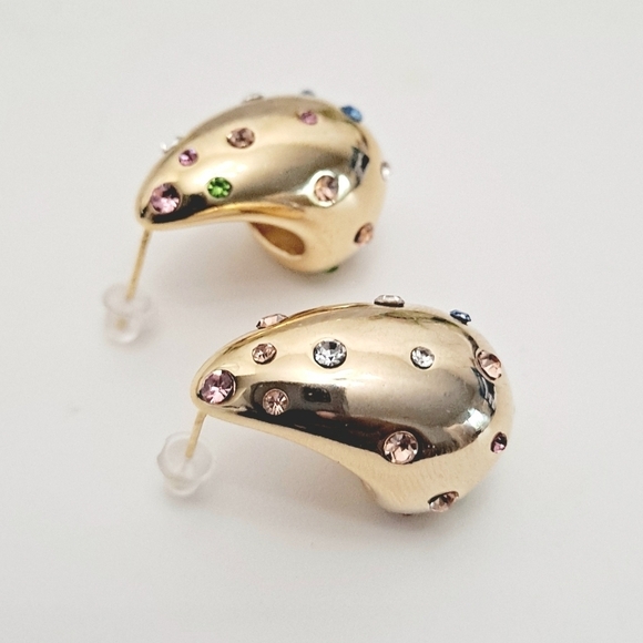 18K Gold Plated boho Chunky Half-Dome earrings Hoops Rhinestone Statement event - Picture 11 of 16